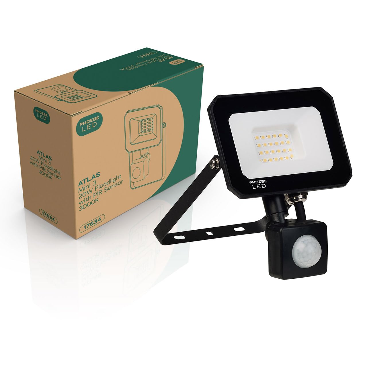 Phoebe Led Black Floodlight 20W Atlas-Mini Pir Sensor Warm White Ip65