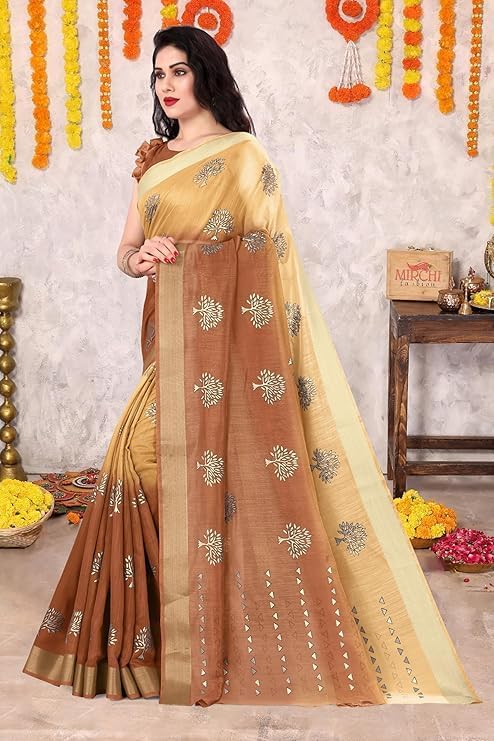 Indian Women's Cotton Blend Mix 2-Tone Foil Printed Saree with Blouse Piece
