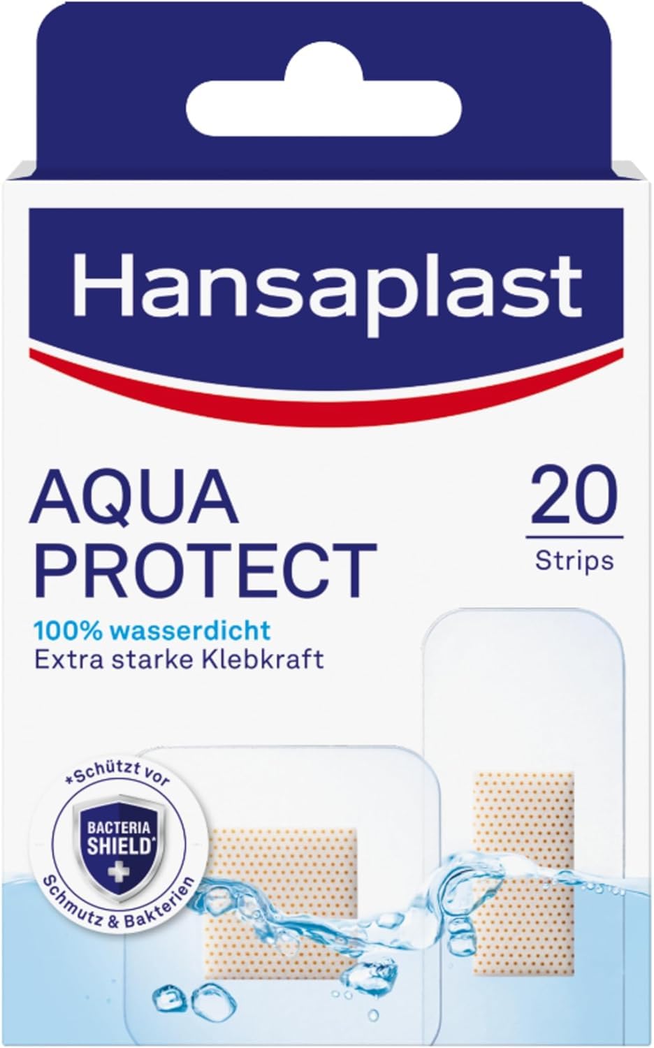 Hansaplast Aqua Protect Pflaster (20 Strips), wasserfeste Wundpflaster mit extra starker Klebkraft, Heftpflaster ideal zum Duschen, Schwimmen & Baden