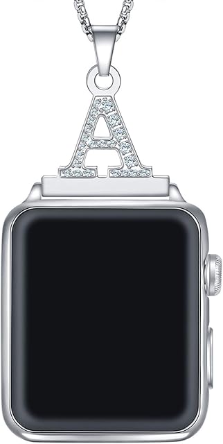 Callancity 2in1 Zircon Alphabet Letter A-Z Necklace Pendant Watch Connector Adapter Stainless Steel Box Chain Compatible for Apple Watch Series 8/7/6/5/4/3 42mm 44mm 45mm 49mm