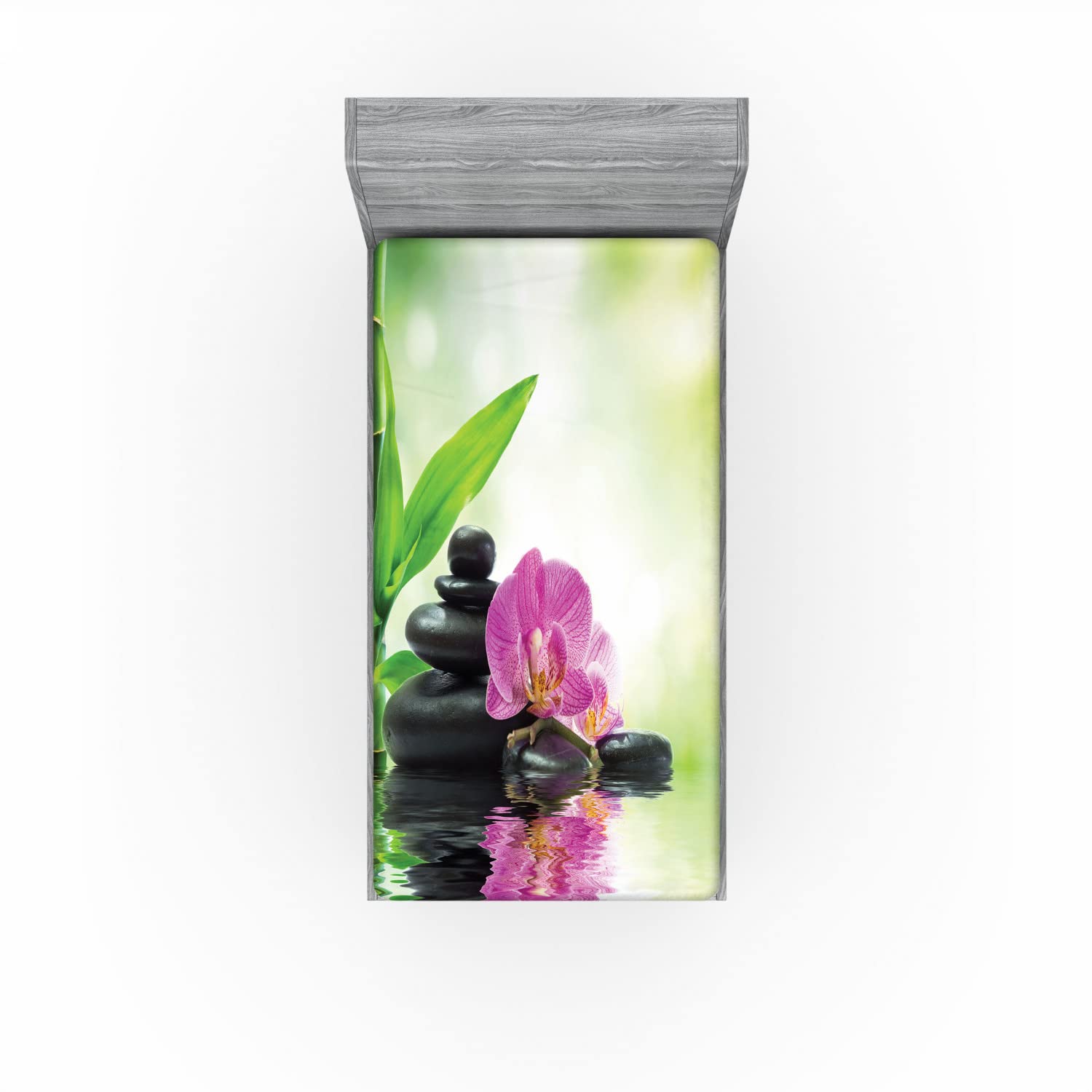 Ambesonne Spa 2 Pack Fitted Sheet, Orchids Rocks Water, Bed Cover All-Round Elastic Deep Pockets 2 Pieces, Package Contains 2 Twin Size Fitted Sheets, Charcoal Green