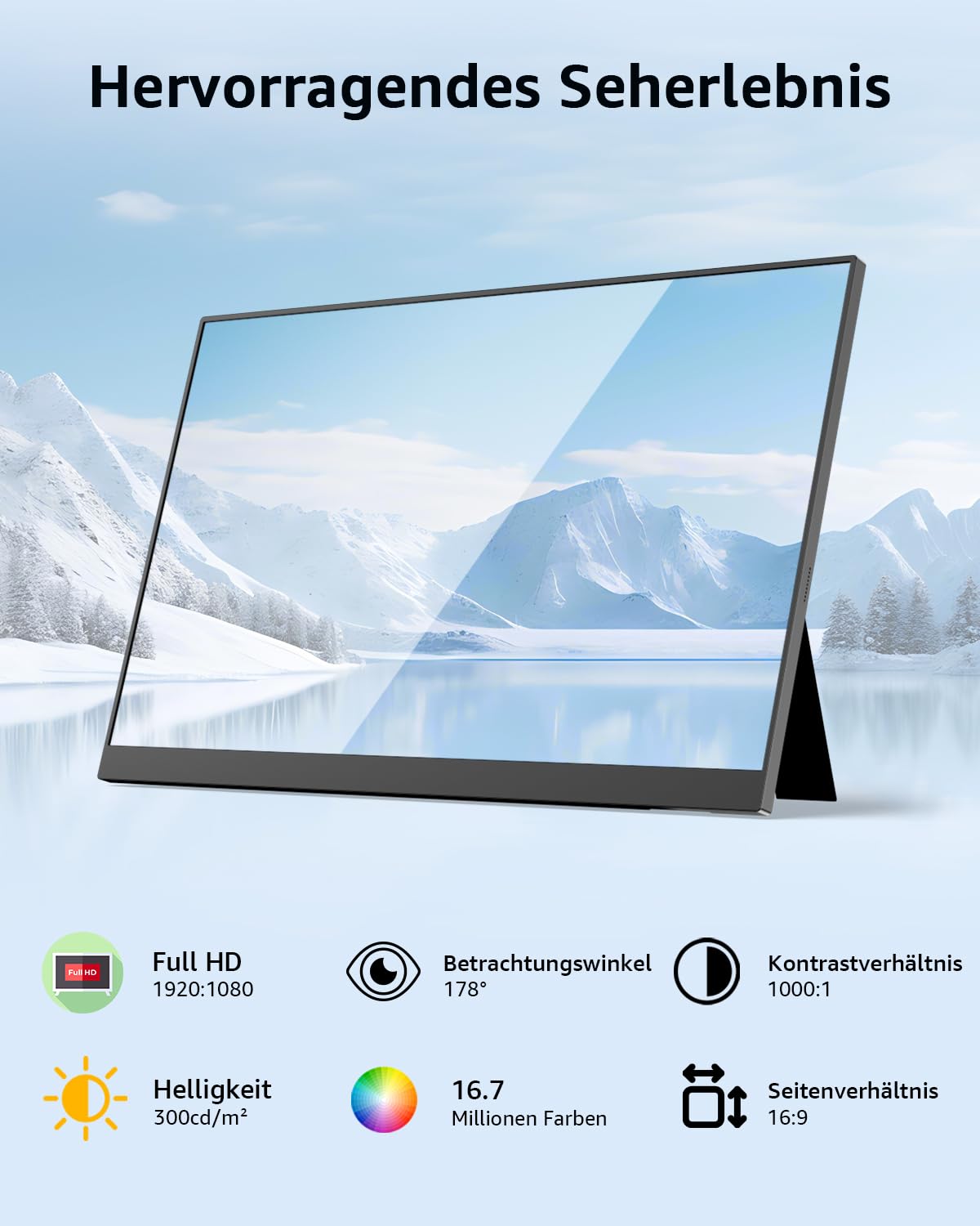Yodoit Portable Monitor, 15,6 Zoll, 1920 × 1080, Tragbarer FHD Bildschirm, IPS Display mit Ständer, USB-Typ-C-Anschluss und integrierten Lautsprechern, kompatibel mit PC, Laptop