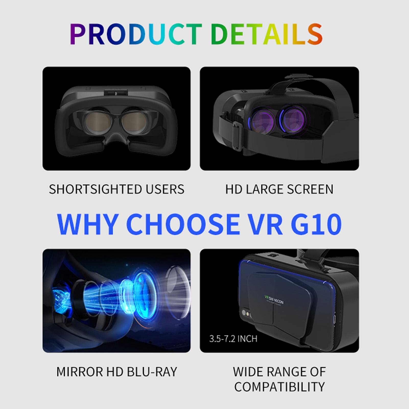 Occhiali 3D VR, occhiali per realtà virtuale VR montati sulla testa, occhiali VR Box per film 3D, videogiochi, adatto per smartphone da 3,5 a 7,25 pollici