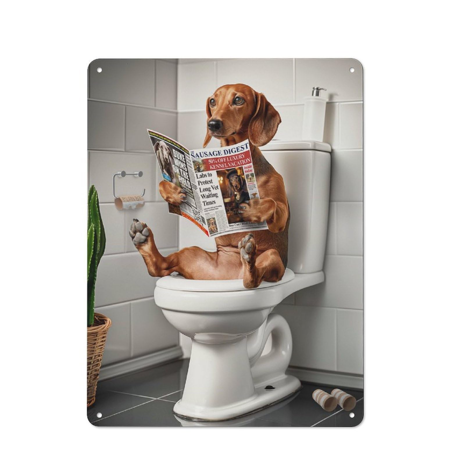 Retro Retro Metal Sign 40x30cm Featuring Dachshund in The Bathroom, Old Style Wall Plaque for Lounge, Study, Pub Or Wall Gallery