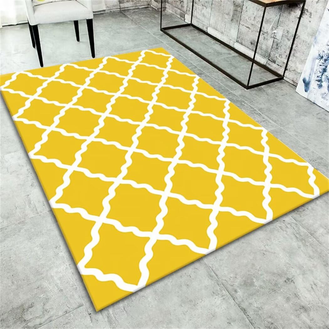 Tapis de salon jaune 160x230cm à motif grille moderne et lavable