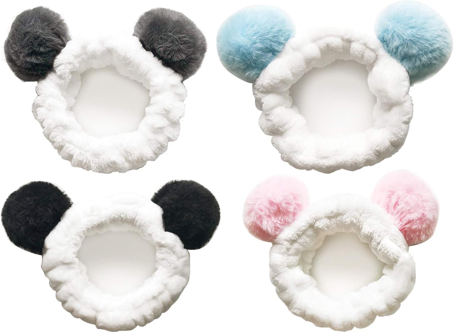 CRIZAN 4 Pack Cute Plush Panda Bear Ear Hair Band for Washing Face, Beauty Spa Facial Headband, Makeup Running Sport Headband for Women's Hair, Hair Wraps Headbands Spa Non Slip