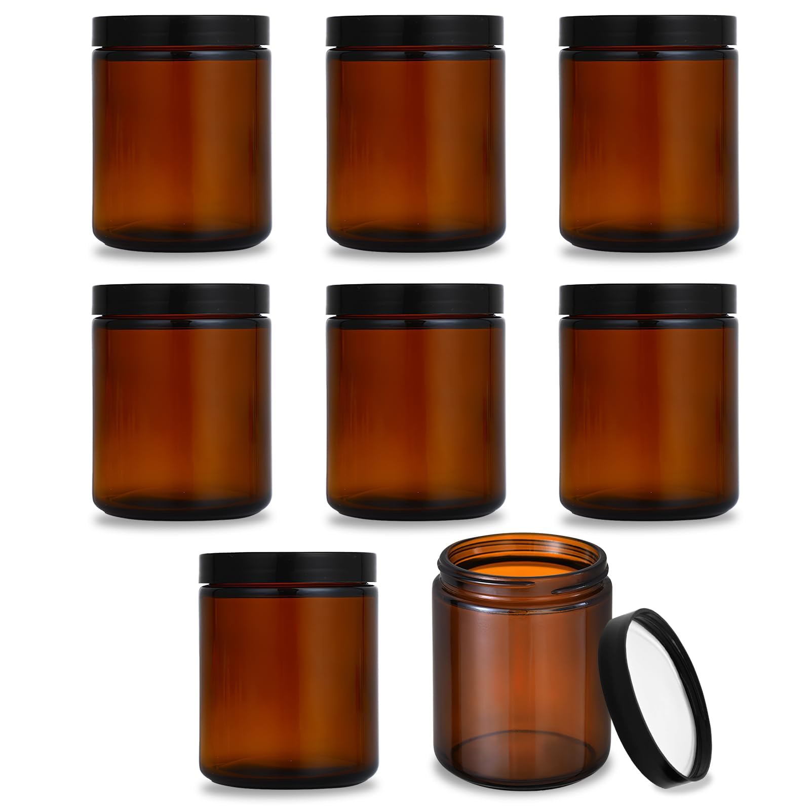 Tarros de crema para rellenar, juego de 8 recipientes de cristal marrón 240 ml con tapa, ideal para cosméticos, especias y productos de bricolaje, protección