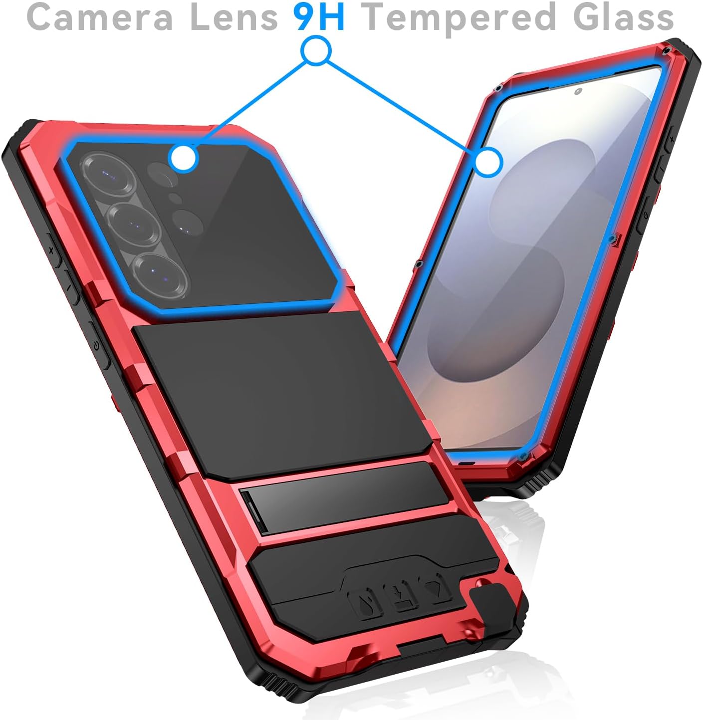 Heavy Duty Metal Phone Case for Samsung Galaxy S26 Ultra Aluminum Silicone Armor Full Body Tough Rugged Military Grade Cover with Stand Screen Protector Dustproof Shockproof for Men (Red)