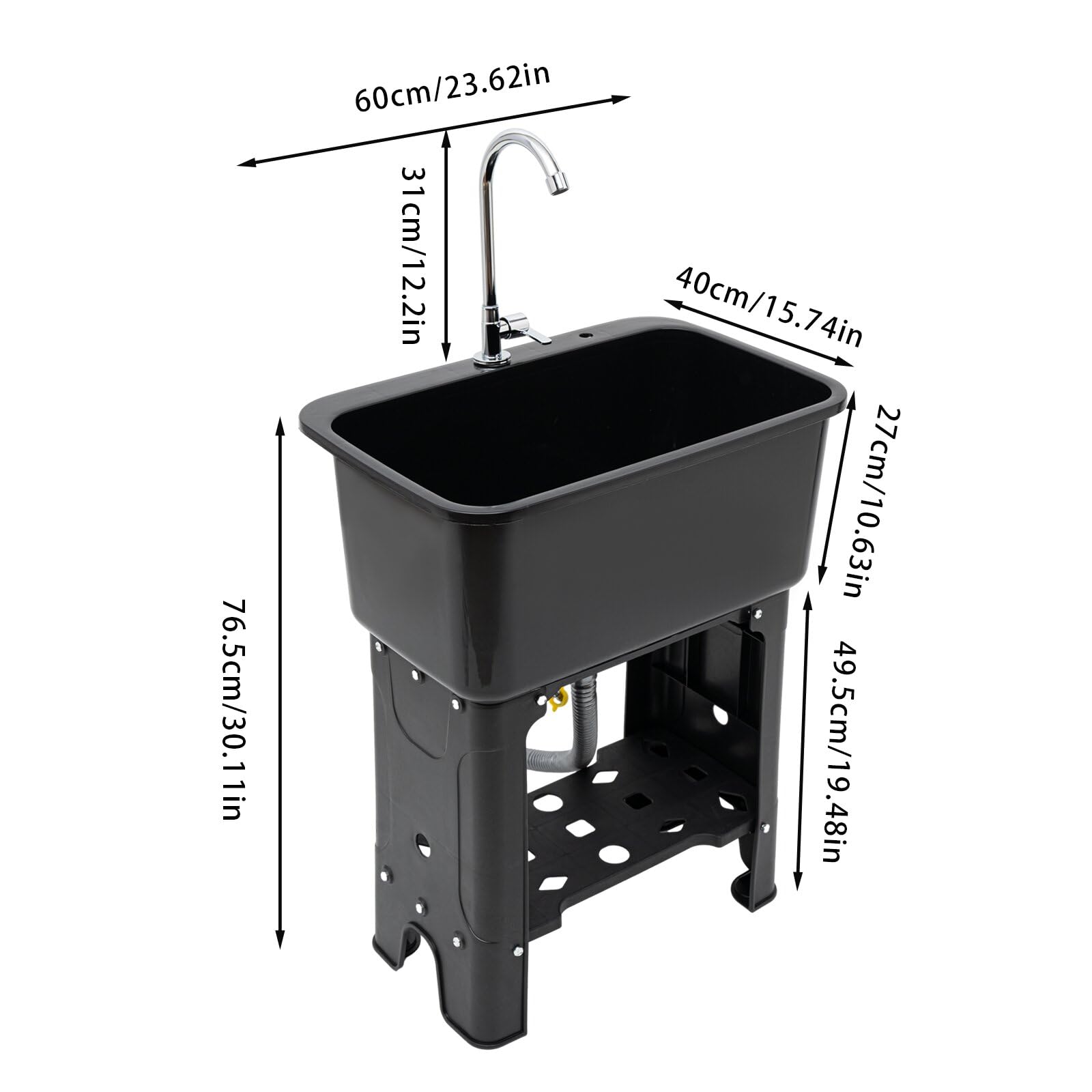 Fregadero independiente con grifo giratorio de 360°, estante de almacenamiento, tabla de lavado y manguera, fregadero multifuncional de altura ergonómica de 30 pulgadas con amplio espacio inferior