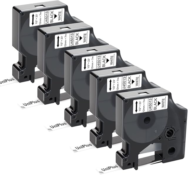 UniPlus 5X Compatible Dymo D1 12mm Label Tape Replacement for Dymo D1 45013 S0720530 Labeling Tape D1 Black on White, Work with Dymo LabelManager 160 210D 360D 420P LabelWriter 450 Duo Label Maker