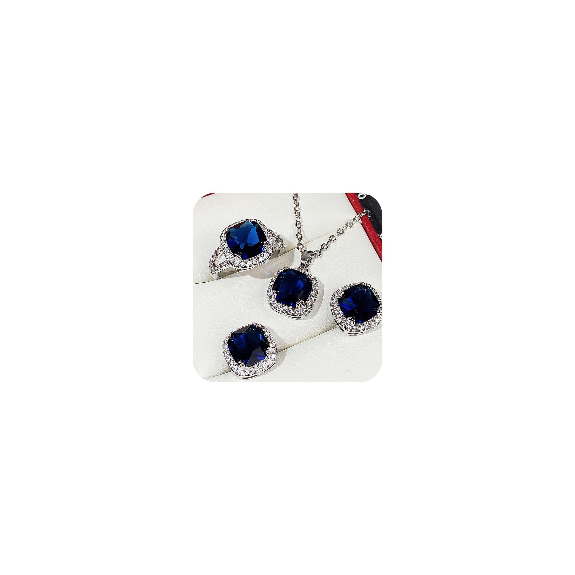 18K White Gold Plated Blue Created Sapphire Jewelry Sets for Women Costume Wedding Jewelry Set with Necklace Ring Earring for Bride Bridesmaid