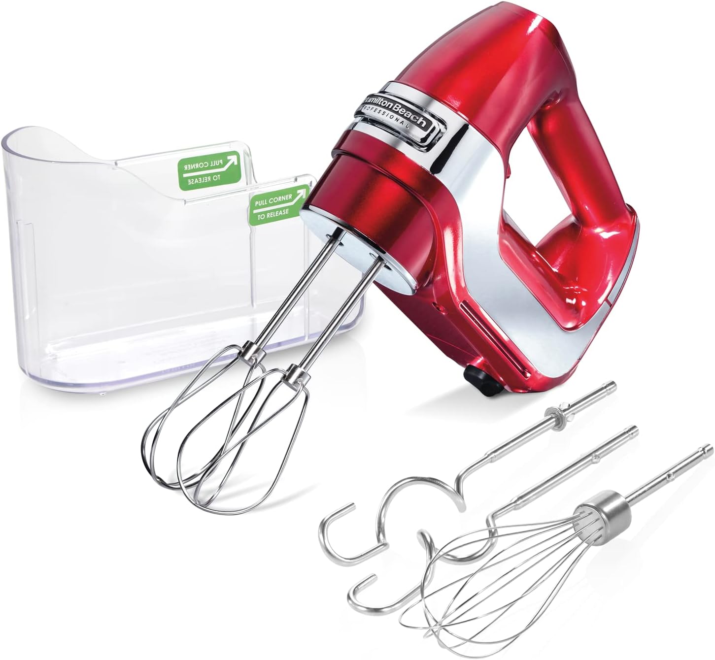 Hamilton Beach Professional 5-Speed Electric Hand Mixer with High-Performance DC Motor, Slow Start, Snap-On Storage Case, Stainless Steel Beaters, Dough Hooks & Whisk, Red and Chrome (62653)