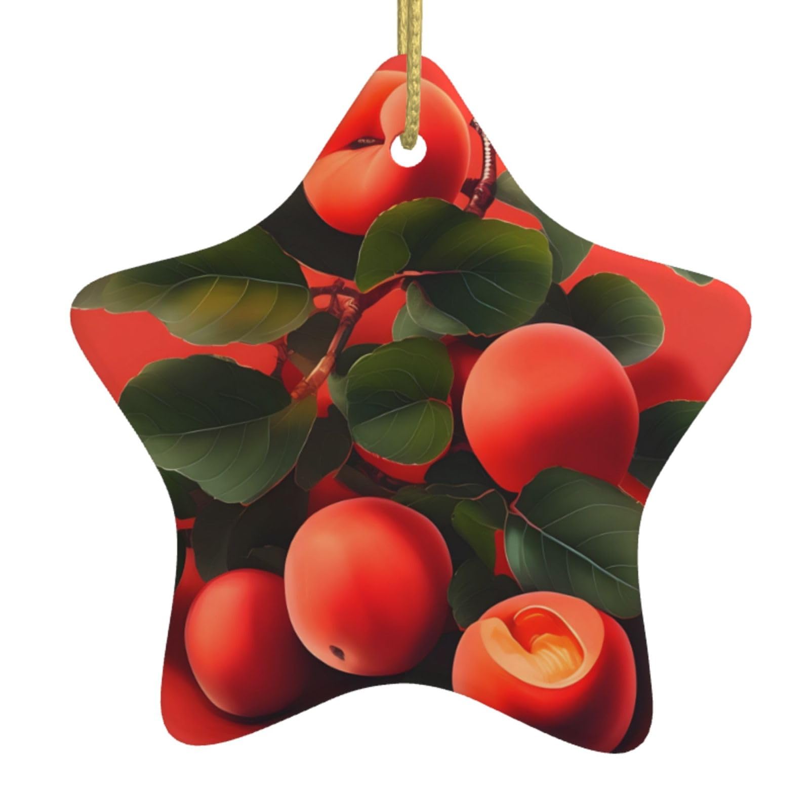 Red Apricot Christmas Ceramic Star Pendant with Punched Holes and Gold Wire Rope, Christmas Tree Home Decoration