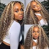 Kinky Curly Highlight Wig Human Hair 26Inch Original Queen Honey Blonde Closure Wigs for Women 4x4...