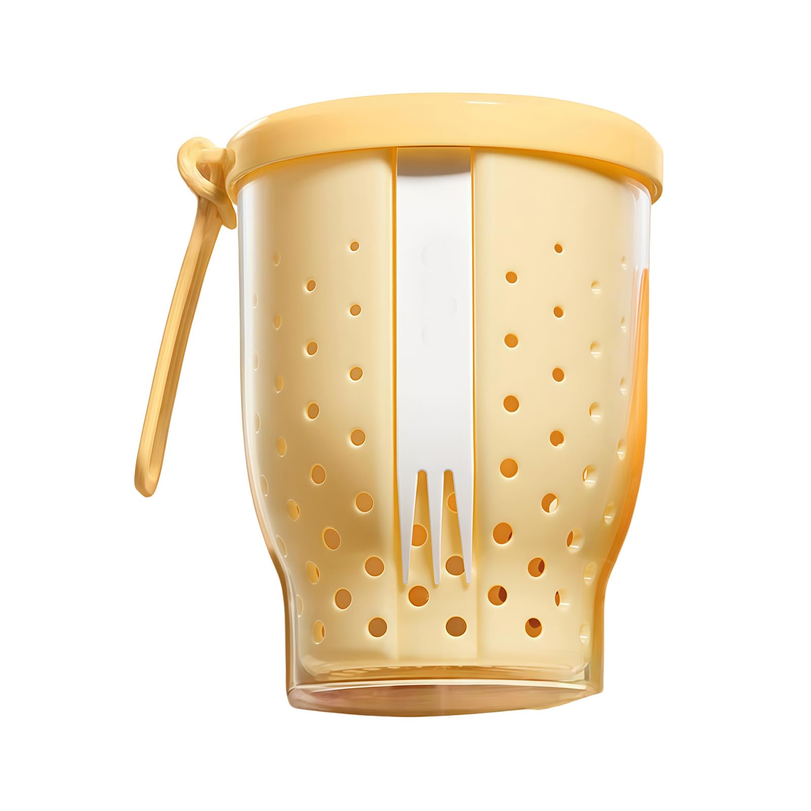 hogtnd Plastic Fruit Cup with Removable Strainer and Fork, Leak-proof Lid, Space Saving Food Container for Travel, Outdoor, Portable Strainer Cup with Silicone Handle