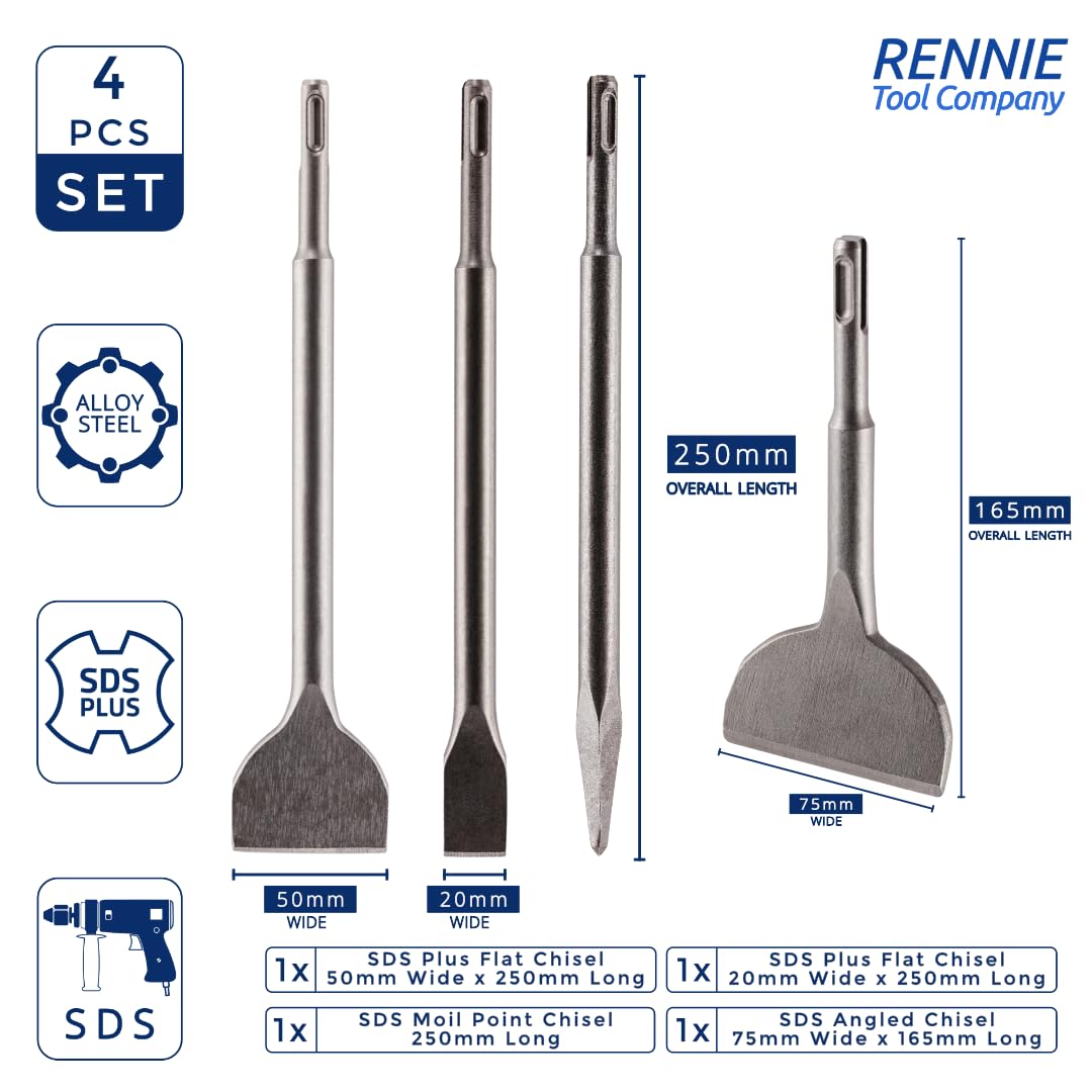 4 Pack, SDS Plus Chisel Bit Set. Moil Point, 20mm Wide, 50mm Wide & 75mm Angled Tile Chisel Bit for Use On Bricks Concrete - Image 2