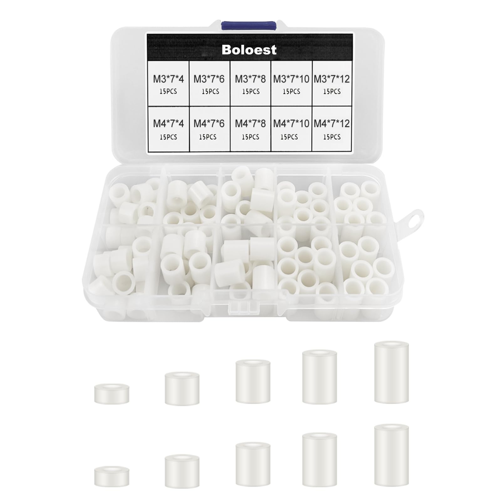 Boloest White 150Pcs Abs Round Spacer Assortment Kit Insulation Spacer For M3,M4 Screws Nylon Column Standoff Support Spacer With Plastic Box（White）
