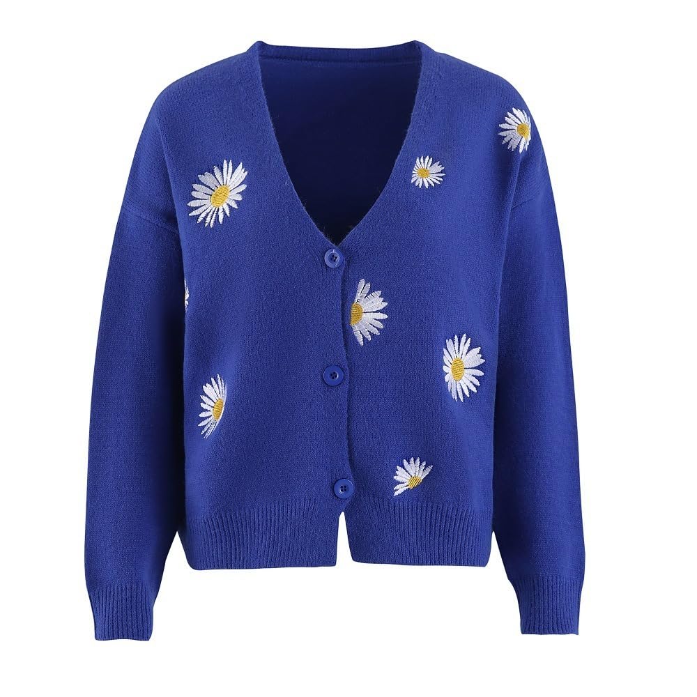 Vintage Daisy Flower Sweaters for Women Cardigan Long Sleeve Button Down Open Front Cute Knitted Chunky Sweater