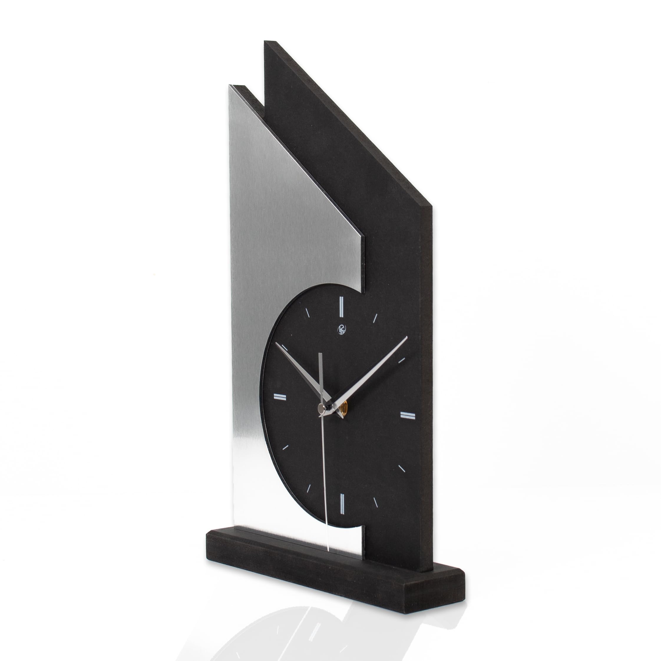 Kreative Feder Standuhr „Skyscraper“ aus Holz – Schwarze Tisch-Uhr mit silberfarbener Applikation aus gebürstetem Aluminium; Größe ca. 34,5x20x5cm (Applikation Alu Silber, leises Quarzuhrwerk)