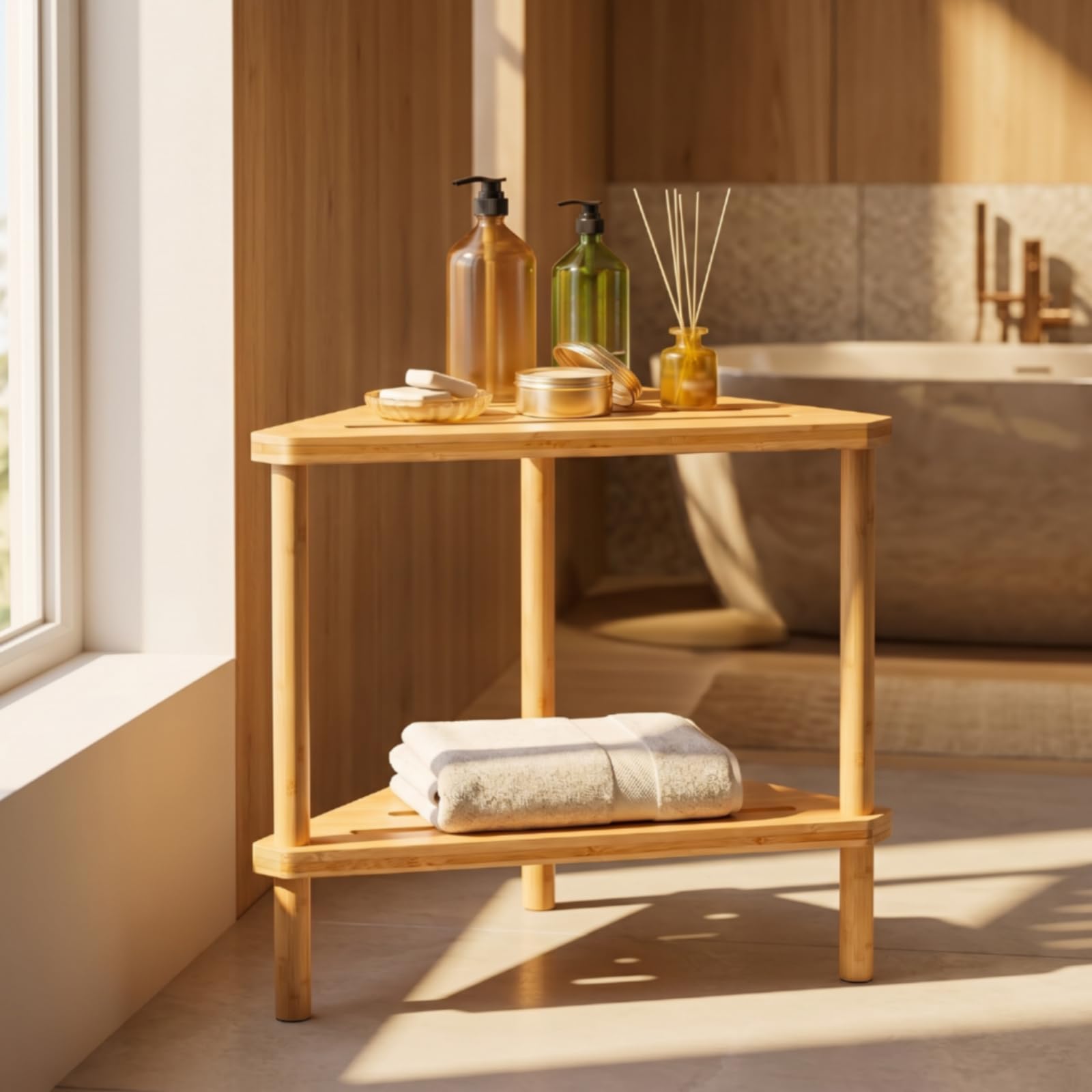 Amagogo Taburete de Esquina para Baño Banco Asiento Banco de Ducha Taburete Triángulo de Bambú Compacto con Estante Inferior y Gran Estabilidad Adecuado para Baño Aseo Hogar