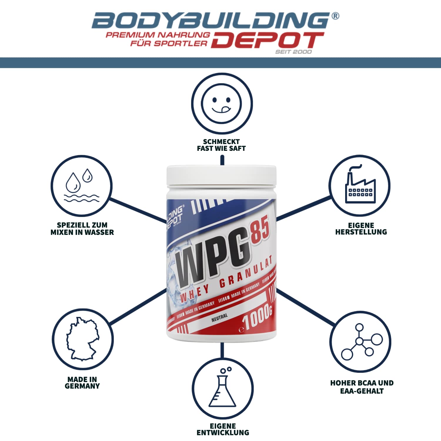 Bodybuilding Depot® - WPG-85 Clear Whey Protein Pulver 1kg, Eistee Zitrone, Speziell zum Mixen in Wasser, Perfekte Löslichkeit, Hoher BCAA und EAA Anteil