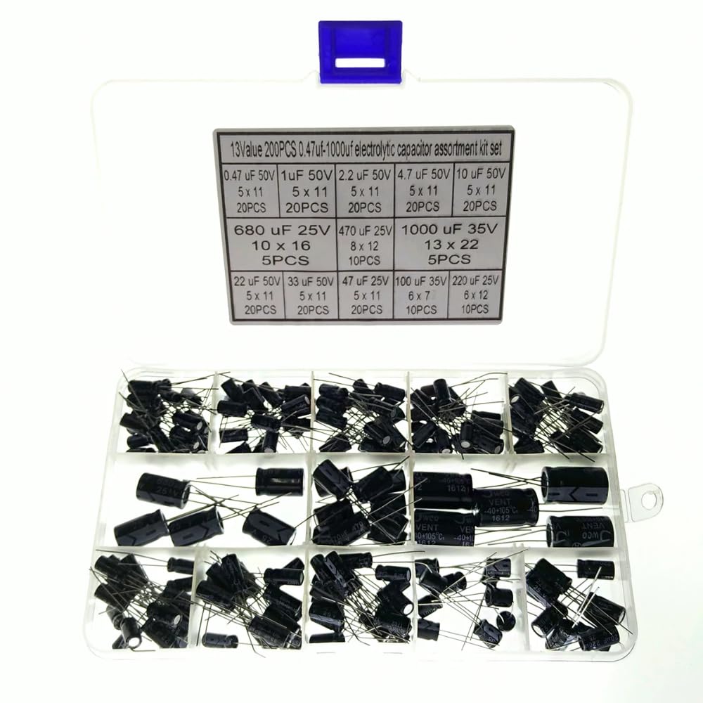 DollaTek Capacitors 13 Values Total 200 PCS 0.47uF to 1000uF Electrolytic Capacitors Assortment Kit