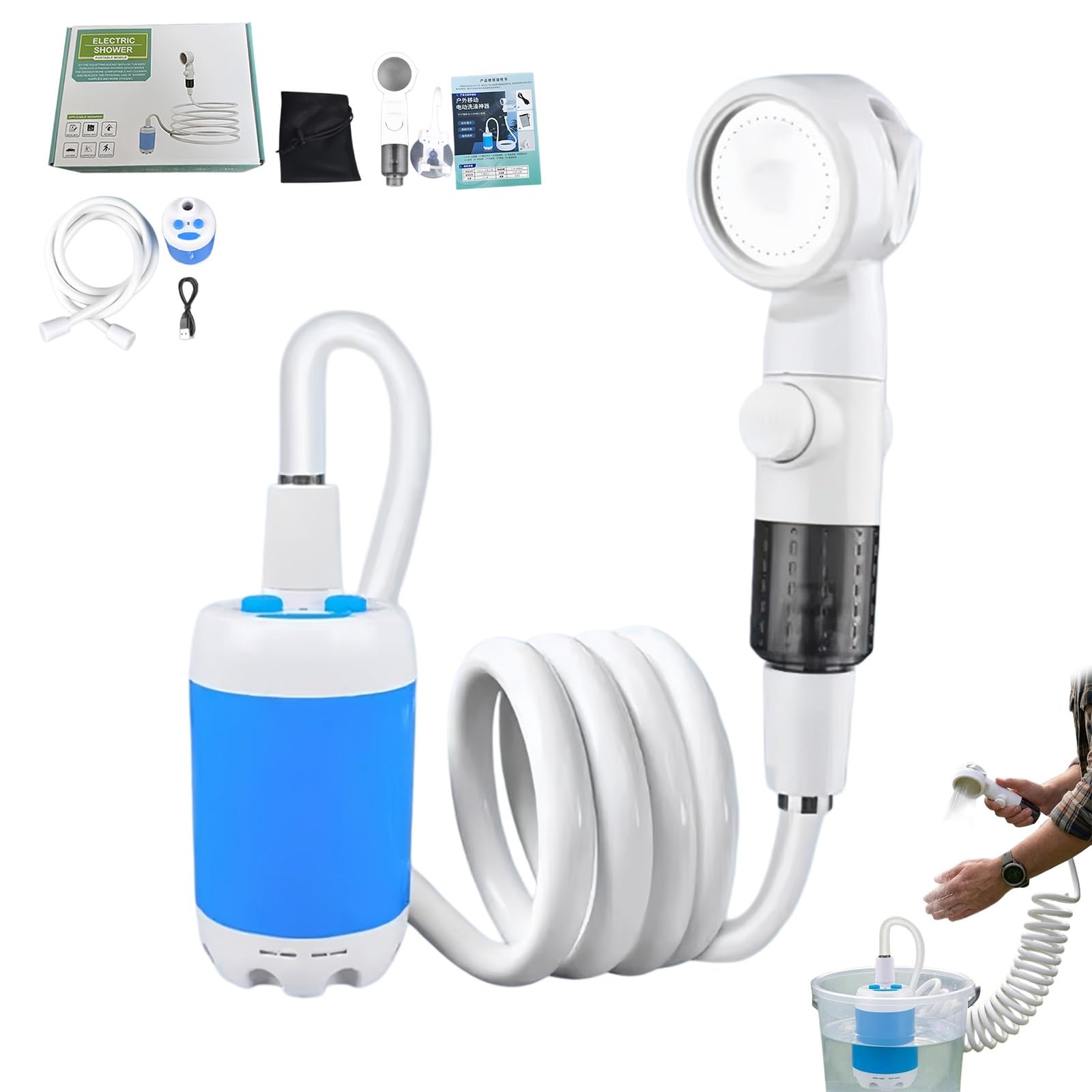 Craftaison Tragbares Wasserpumpen-Set Aufladbare Outdoor Brause, Überall & Jederzeit Duschen, Komplettes Zubehör, Geeignet für Außenduschen, Autowaschanlagen, Tierbäder, Gärten