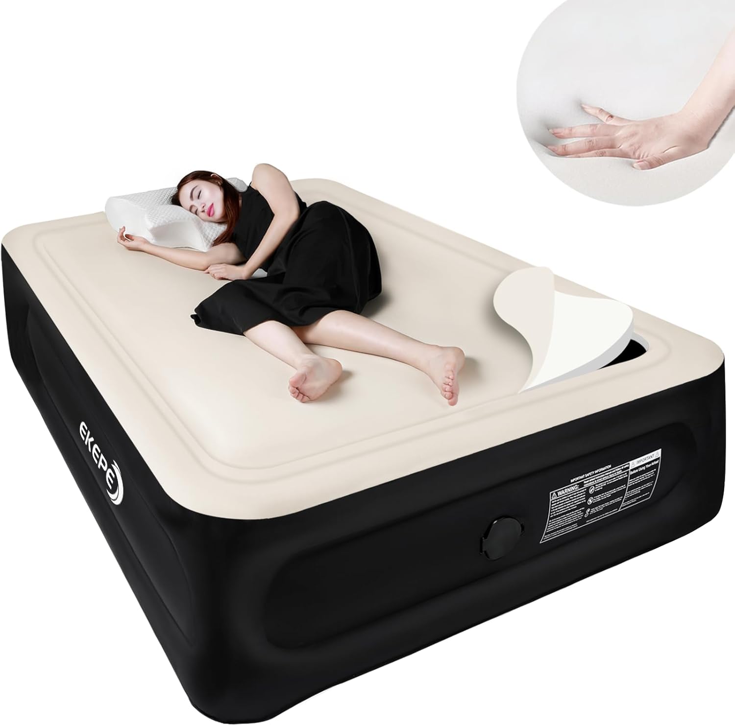 Silk Foam Air Mattress Queen with Built in Wireless Pump, 18 inches Luxury Heavy Duty Inflatable Air Mattress with Foam Topper for Home, Guests & Camping, Portable Blow Up Air Bed - Beige Sponge Bed - Beige