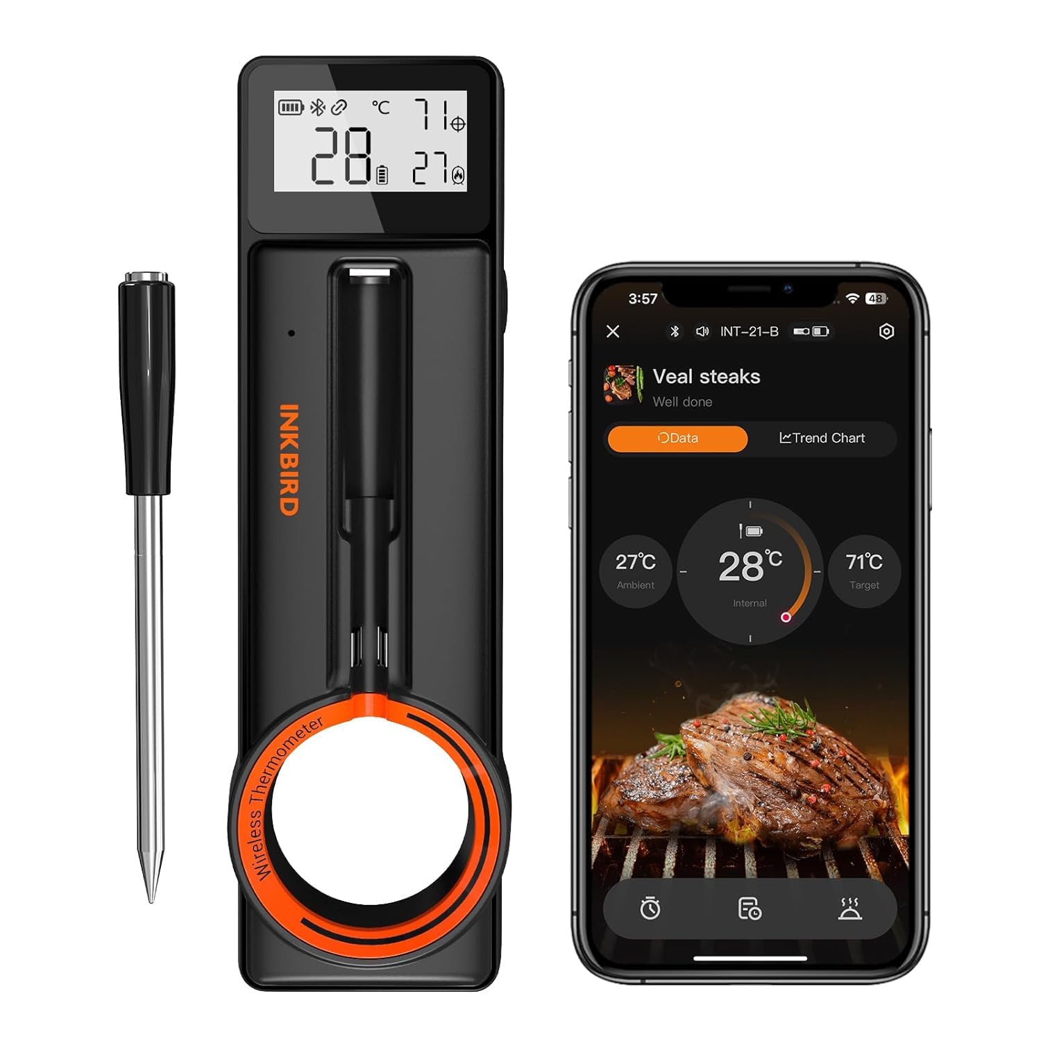 INKBIRD Wireless Cooking Thermometer INT-21-B, Bluetooth 5.4 Meat Thermometer with 5MM Ultra Thin Probe, HD LCD Display, 60 Min Offline Data Storage, Temperature Alarms for Tandoori Chicken BBQ