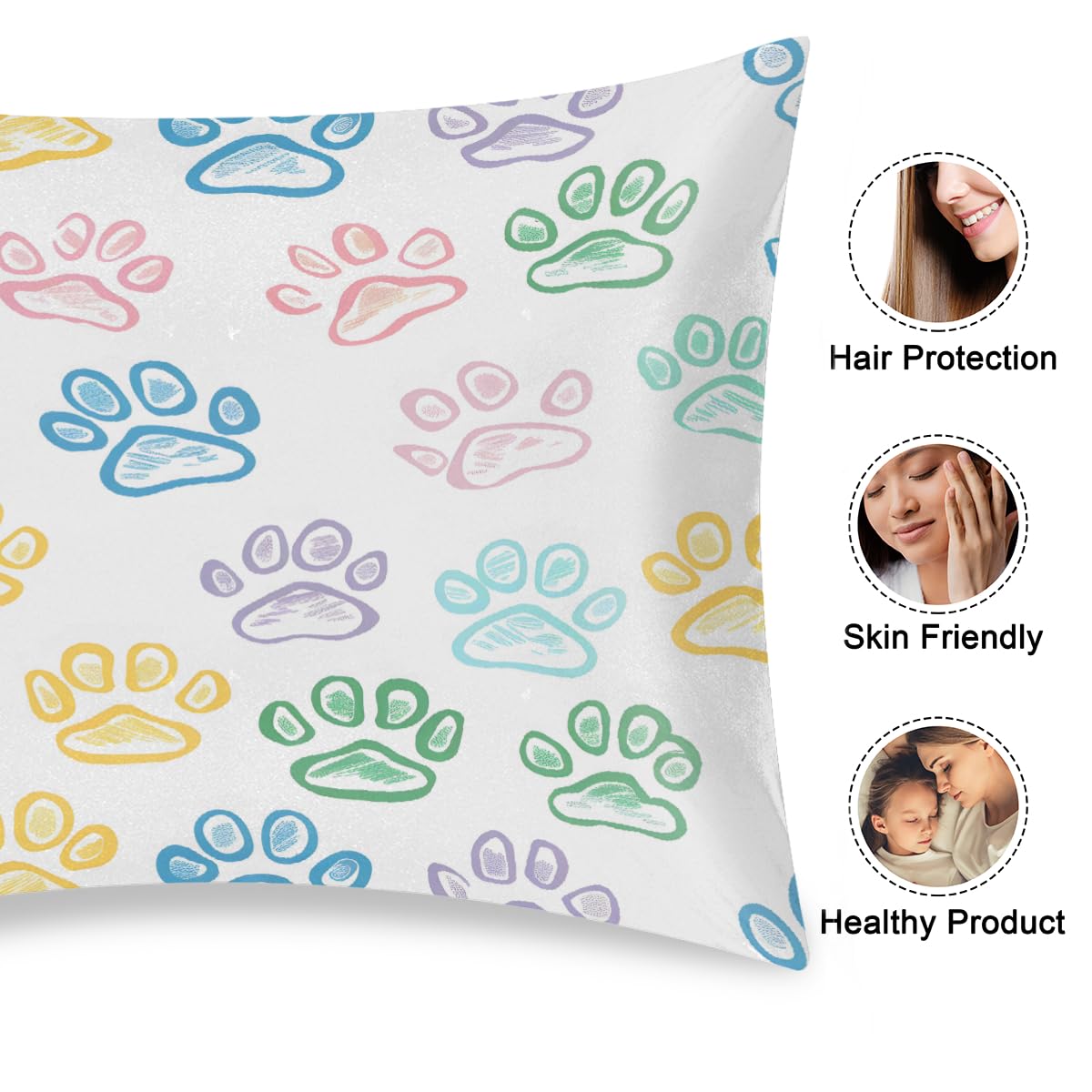 Envelope Closure Satin Pillow Cases for Hair and Skin Standard Size Silk Paw Prints Cute Colorful Pillowcase Soft Lightweight Cooling Pillow Cover for Sleeping Women Men Kids 20 * 26in-1Pack