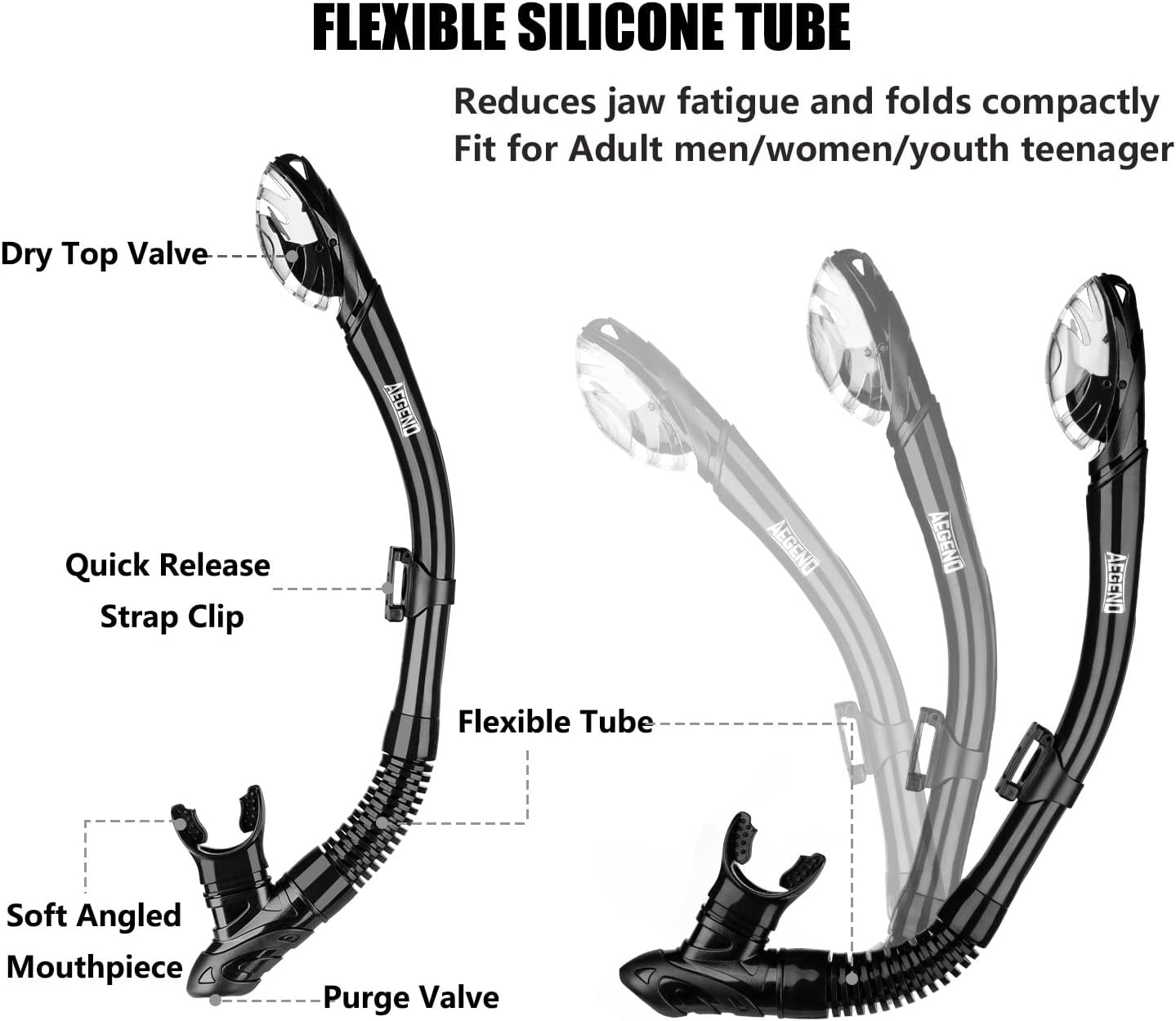 Aegend Diving Dry Snorkel for Adult & Youth - Snorkeling Gear with Top Dry Valve, Perfect for Snorkeling, Freediving, Swimming and Scuba Diving