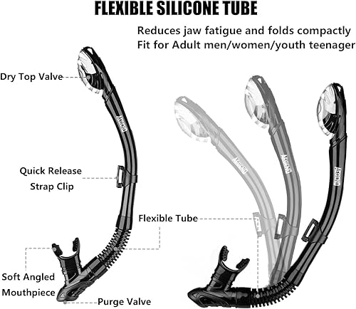 Miniatura 7 de Aegend Esnórquel seco, máscara de buceo fácil de respirar, esnórquel para buceo, buceo, natación, con válvula seca superior y boquilla de silicona