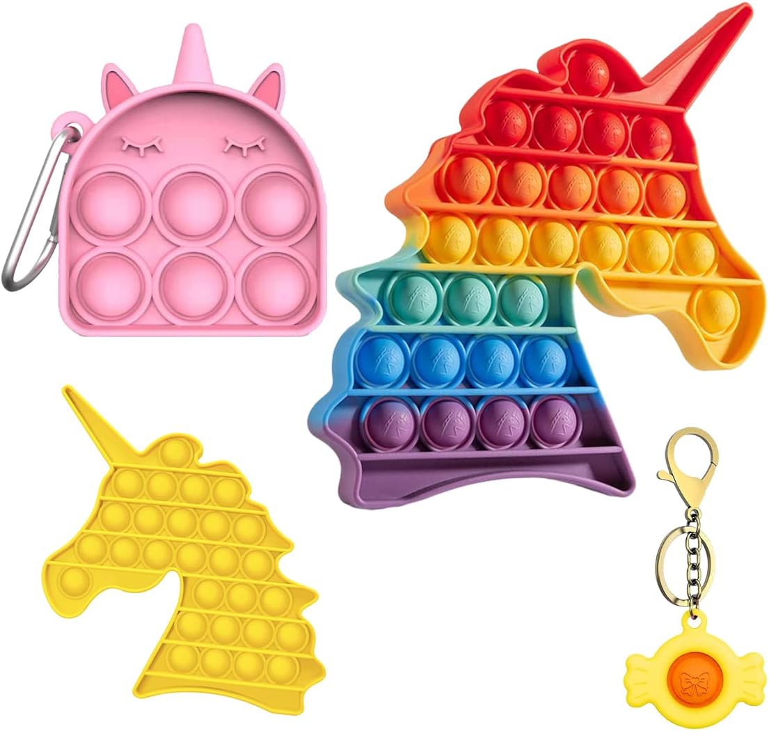 4 Pack Pop It Pop Its Rainbow Pop Fidget Toys Poppet Push Pop Bubble Fidget Popping Sensory Toy for Kids and Adults, Fidget Popper Stress Relief Fidget - Pop It Unicorn Big Game Girls Poppit Gifts