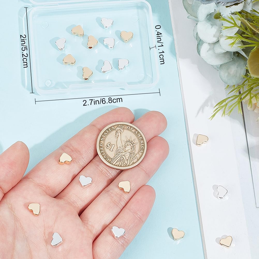 Beebeecraft 60Pcs 2 Colors Heart Spacer Beads 6x7x3mm Small 18K Gold & Sterling Silver Plated Brass Love Shaped Spacer Beads for Jewelry Making Valentine Necklace Bracelet Earring (Hole: 1.8mm)