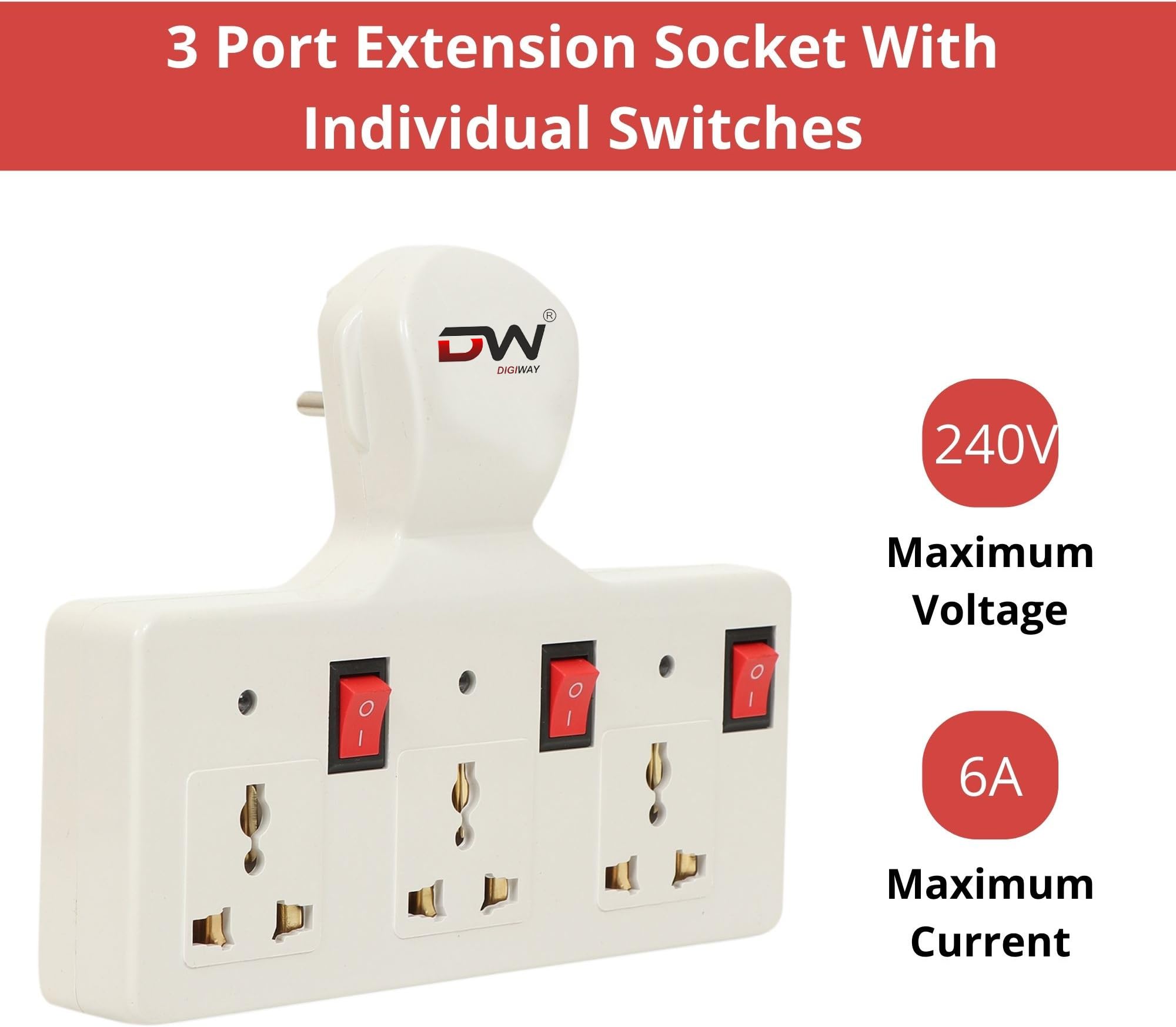3-Socket Multi-Plug with Individual Switches, LED Indicators & Fuse, Three-Pin Extension Board, White, EZ 3+3 MP — Amazon image 2