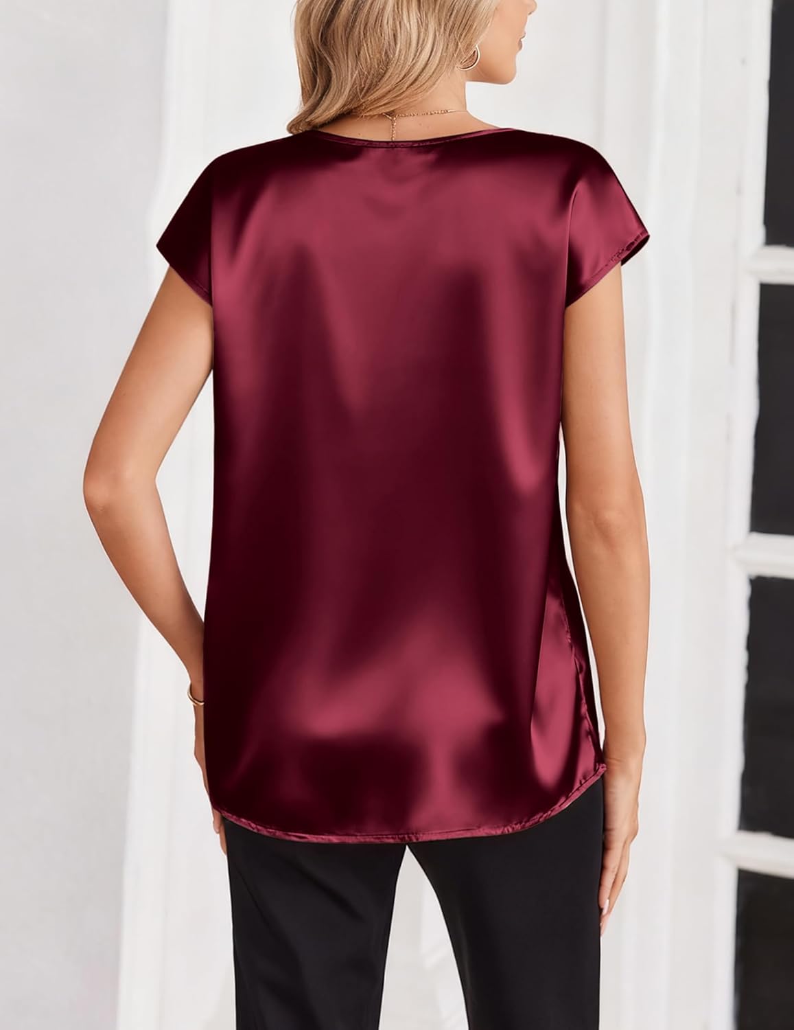 Zeagoo Women Silk Satin Tops Cap Short Sleeve Blouse V Neck Shirts Business Casual Outfits S-2XL - Image 4