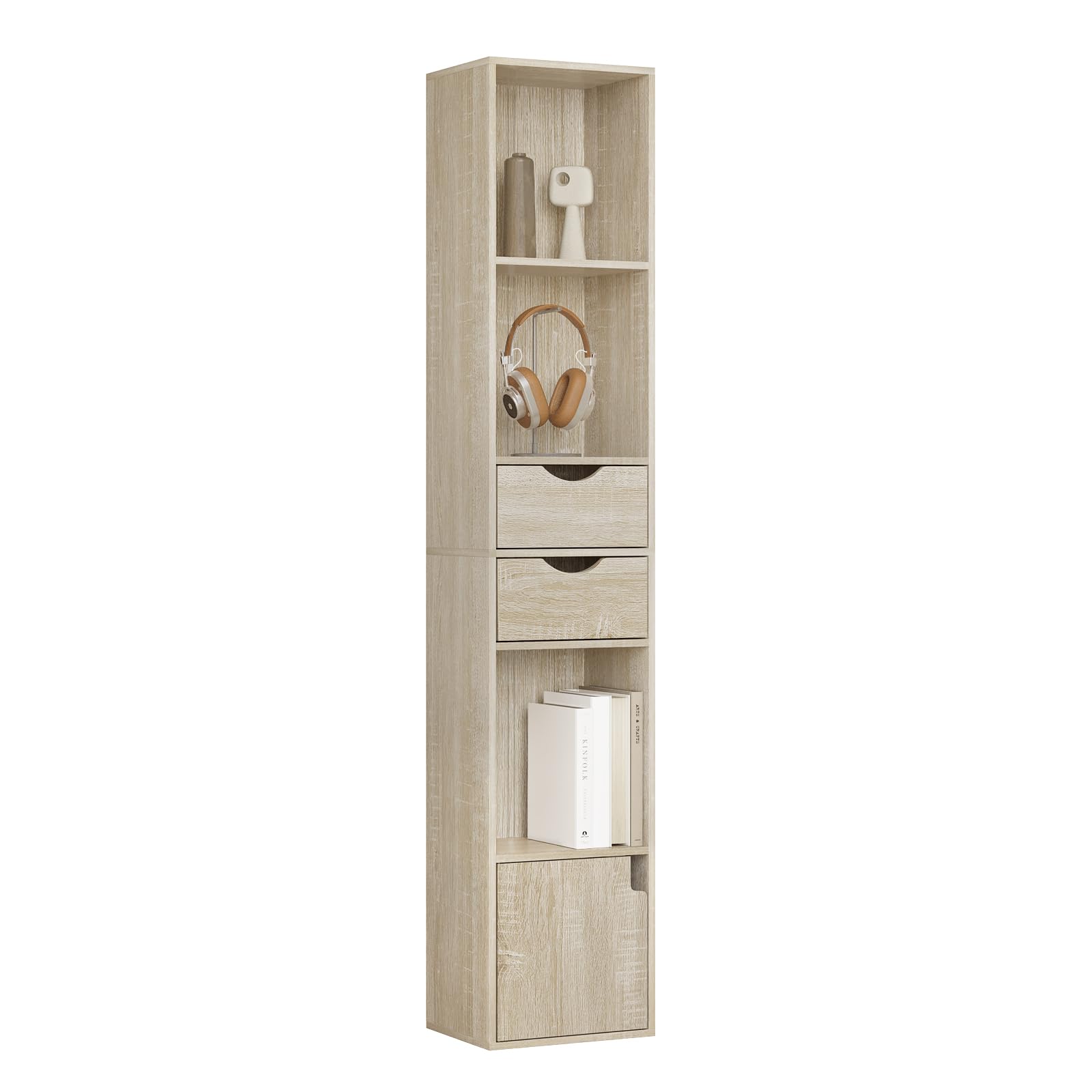 WOLTU Bücherregal Bücherschrank, Standregal mit Schubladen, Regal mit Tür, Büroregal, Aufbewahrungsregal für Wohnzimmer Schalfzimmer, helle Eiche, 30 x 158 x 24 cm, SK028hei