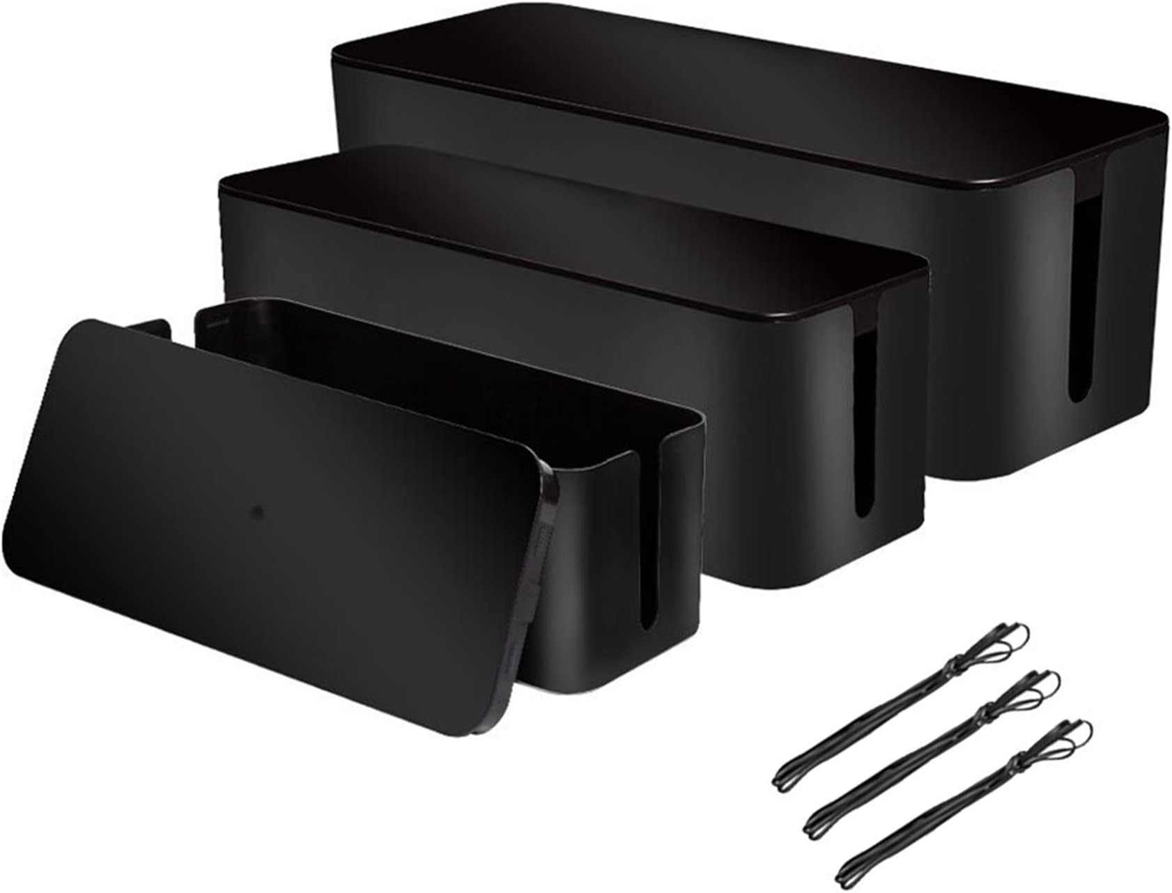 [Set of 3] 3 Cable Management Boxes + 3 Wire Ties, Large Cord Box Organizers to Hold and Hide Power Strip Charger Adapter Power Cord Charging Station USB HUB (Black)