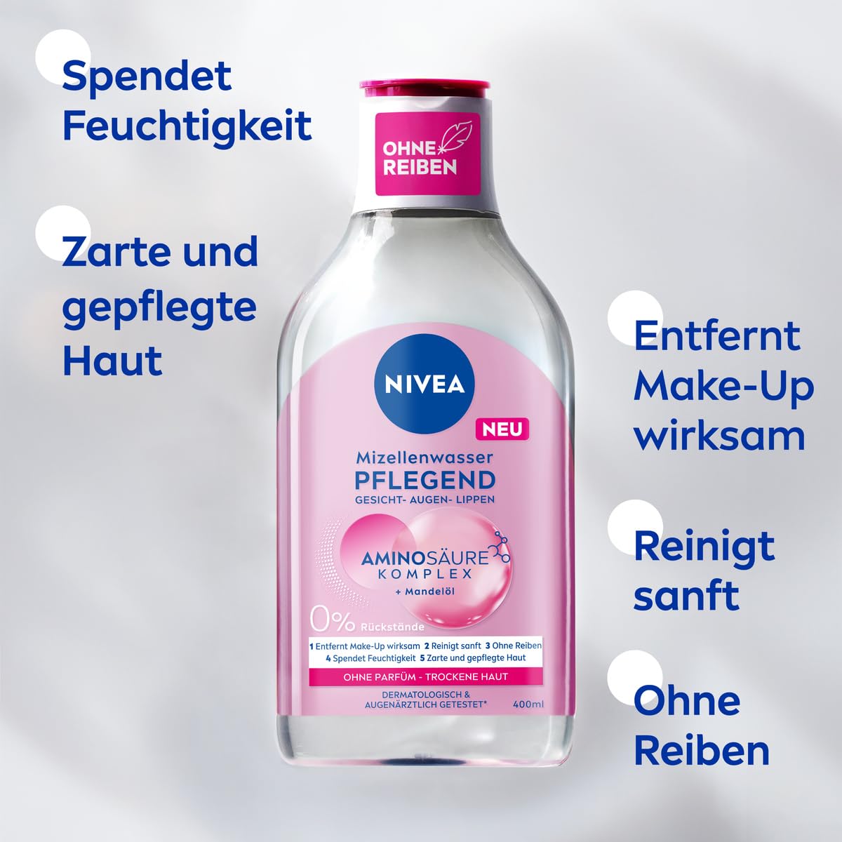 NIVEA Pielęgnująca woda micelarna, tonik do twarzy do suchej skóry z kompleksem olejku migdałowego i aminokwasów, nawilżająca woda oczyszczająca micelarna, delikatne oczyszczanie twarzy (400 ml)