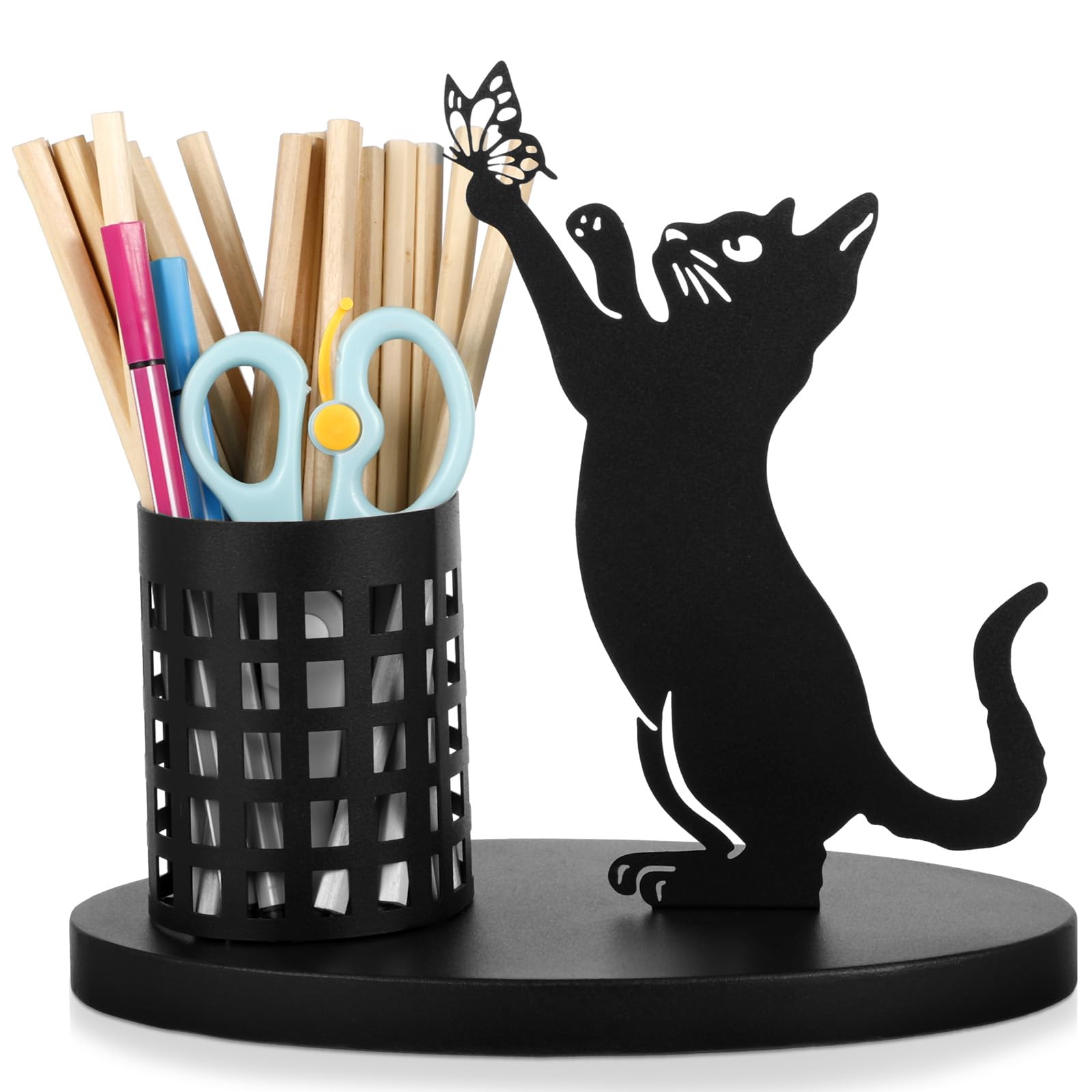 Tandefio Cat Pen Holder for Desk Cute Black Pencil Metal Desk Accessories