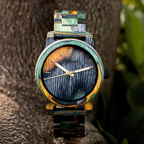 Miniatura 8 de BOBO BIRD Reloj de madera para hombre, reloj de pulsera analógico de cuarzo de moda, relojes de madera hechos a mano coloridos para hombres