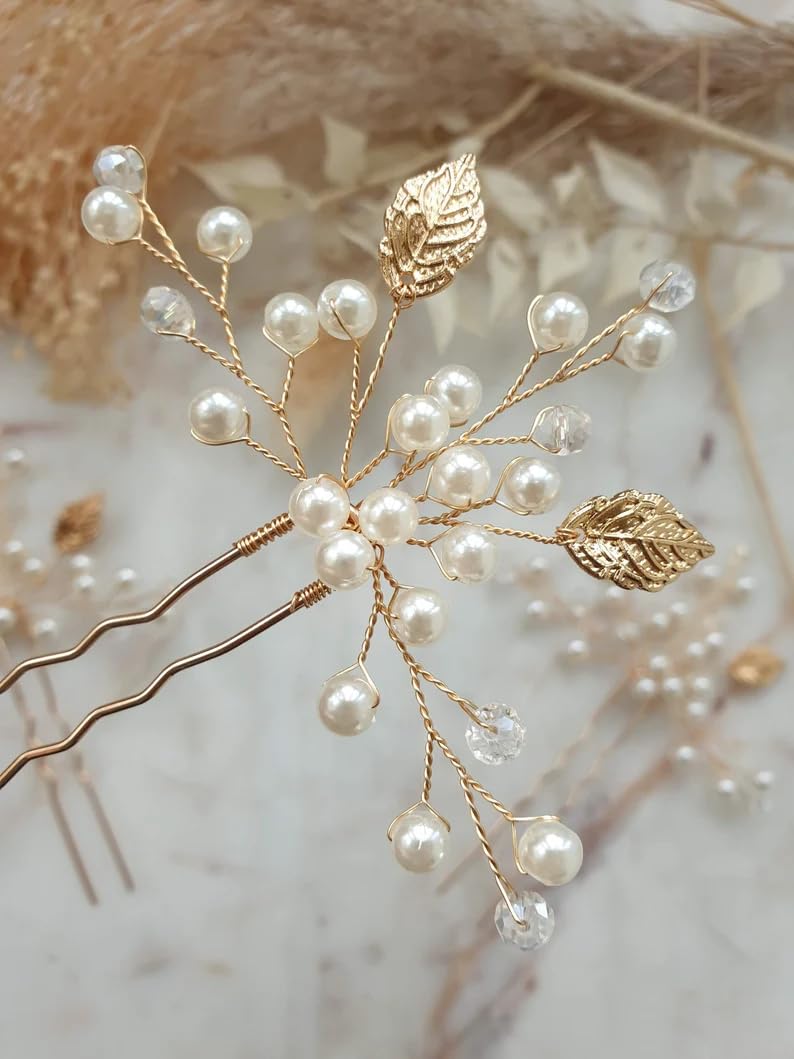 DHANABAPA Delicate Stunning Leaves, Pearls & Crystals Bridal Hair Pins | Bridesmaid Hair Pins | Gold Leaf Bridal Headpiece | Wedding Hair Accessory | Bun Pin | Hair Comb Pins | 3 Pcs White + Gold.