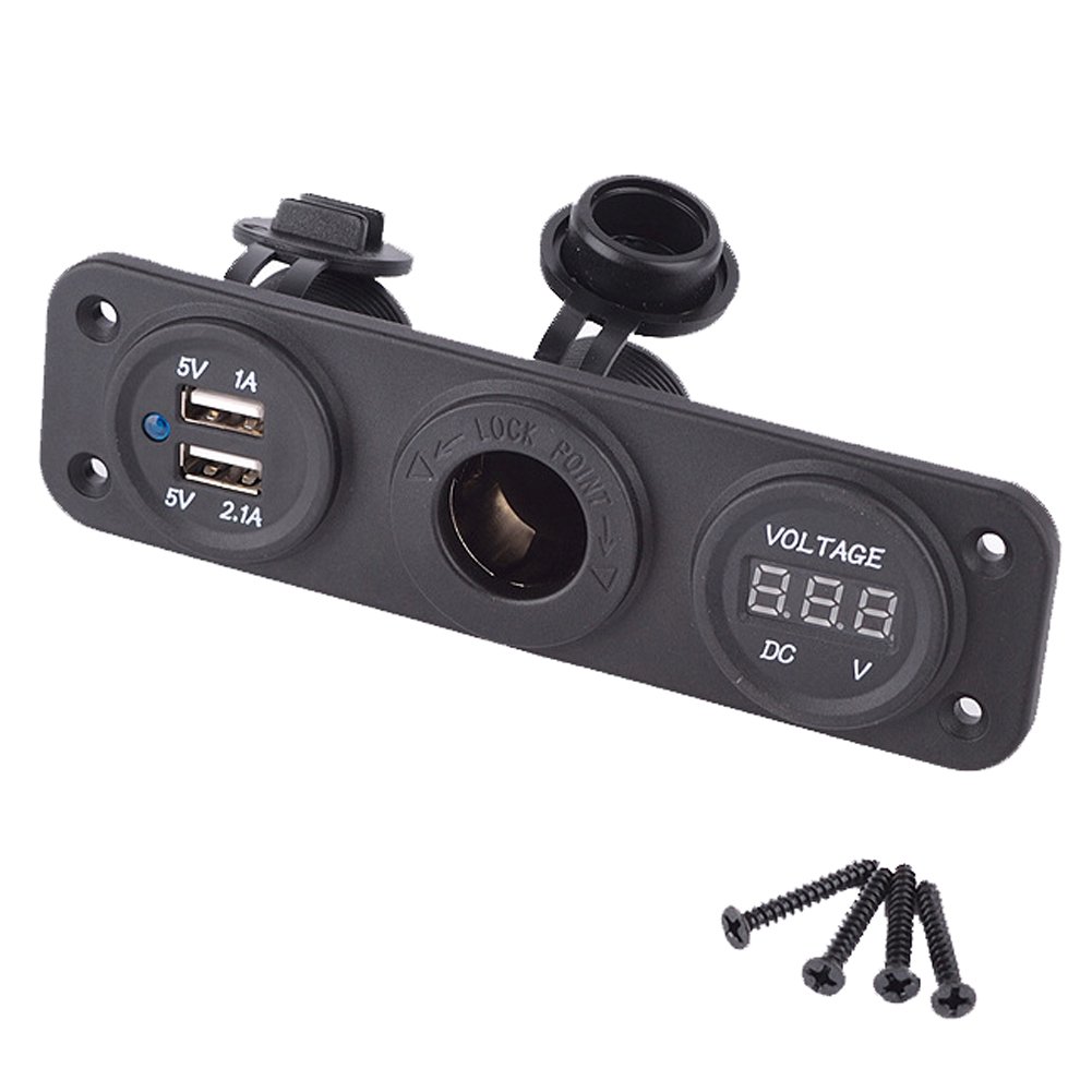 MotoCityTM 3 in 1 Car Motorcycle Triple 3.1A USB Charger + LED Voltmeter + 12V/24V Dual USB Cigarette Lighter Socket Three Hole Panel Car Auto Boat Riding Mower Tractor Travel Trailer Caravan
