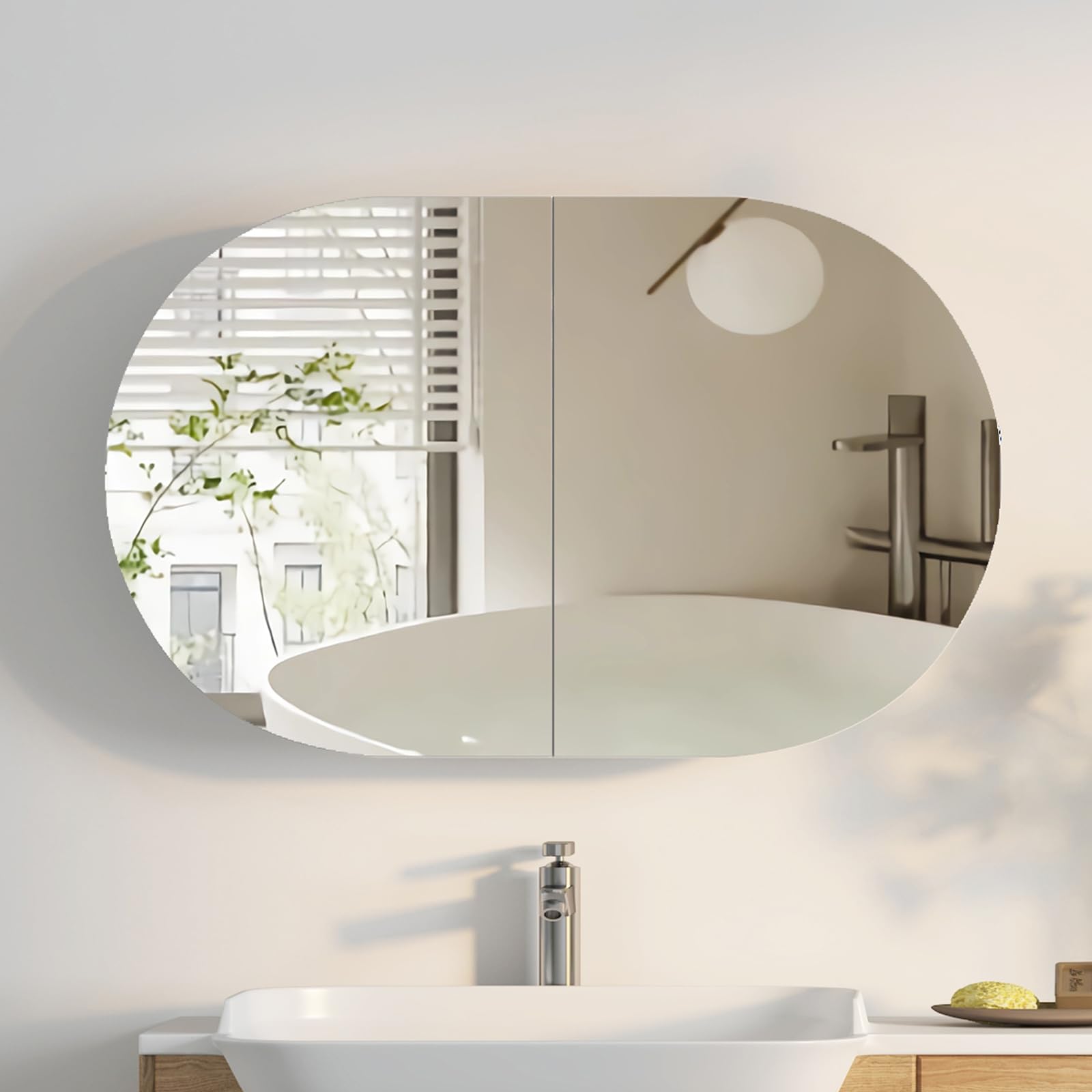 Mepplzian 96x60 Bathroom Mirror Cabinets,Horizontal Oval Mirrored Cabinet Wall Mounted with 5 Storage，Surface Mount Wall Cabinets with 2 Butterfly Door,Bathroom Cabinet with Mirrors