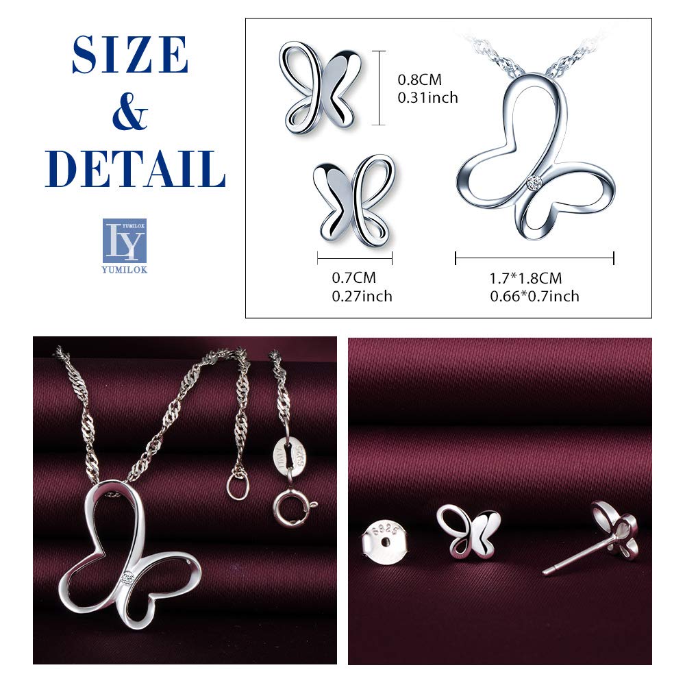 Yumilok Collar para mujer y mujer, pendientes con colgante de circonita y mariposa en plata de ley 925, oro rosa, conjuntos de joyas para mujeres y niñas