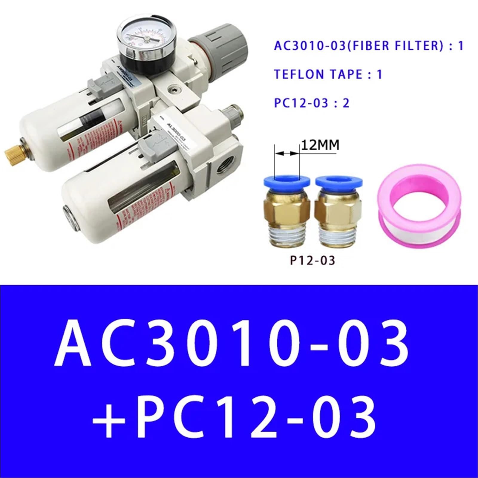 AC3010-03 Bomba de aire Compresor Filtro Regulador de presión Trampa Separador de aceite neumático Drenaje manual Suministro Filtros de humedad(Fiber And PC12-03)