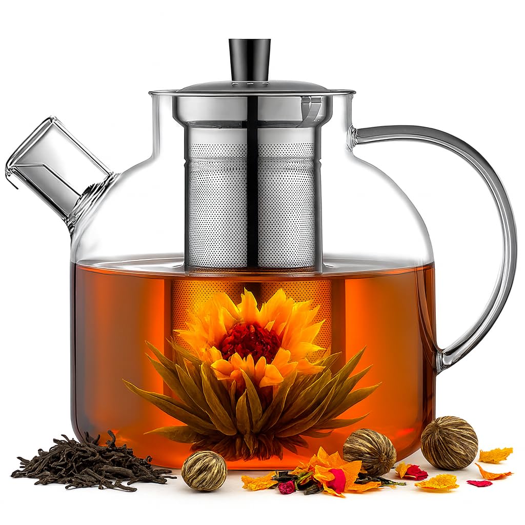1500ml (50oz) Large Round Glass Teapot with Removable Stainless Steel Infuser Strainer, Borosilicate Heat Resistant Stovetop Safe Glass Tea Kettle Blooming & Loose Leaf Tea Maker