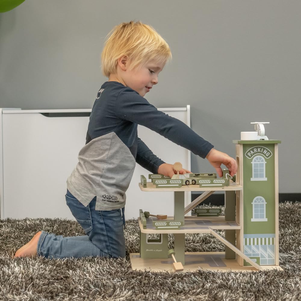 Bandits & Angels Holzspielzeuggarage Bandits Parkerlebnis mit 3 Etagen und Aufzug – inklusive 4 Autos – Spielzeugautogarage aus Holz – Retro-Grün
