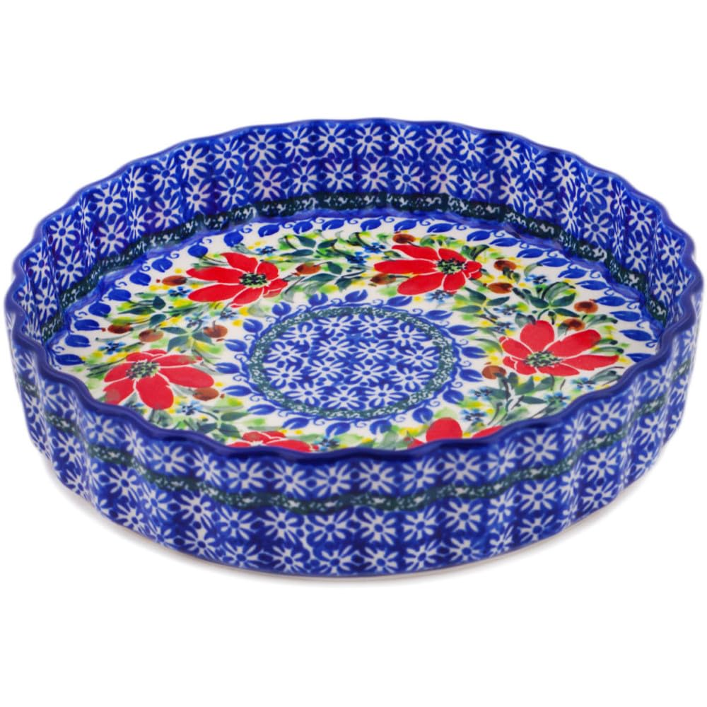 Authentic Polish Pottery Fluted Pie Dish Signature UNIKAT in Blooming Daisies Design Handmade in Boles?awiec Poland by Ceramika Artystyczna + Certificate of Authenticity
