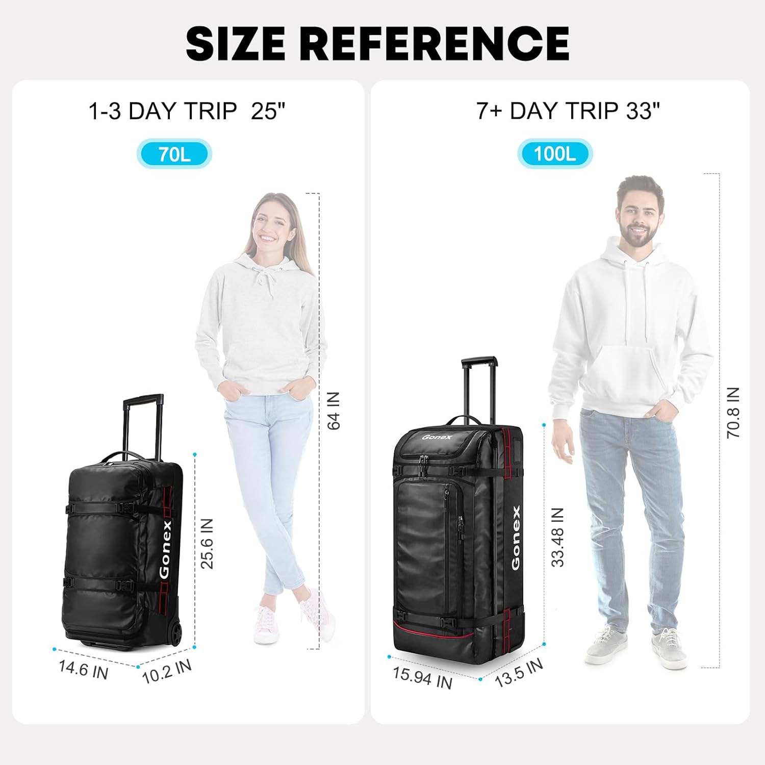 Gonex Rolling Duffle Bag with Wheels, 100L Water Repellent Large Wheeled Travel Duffel Luggage with Rollers 33 inch, Black - Image 2